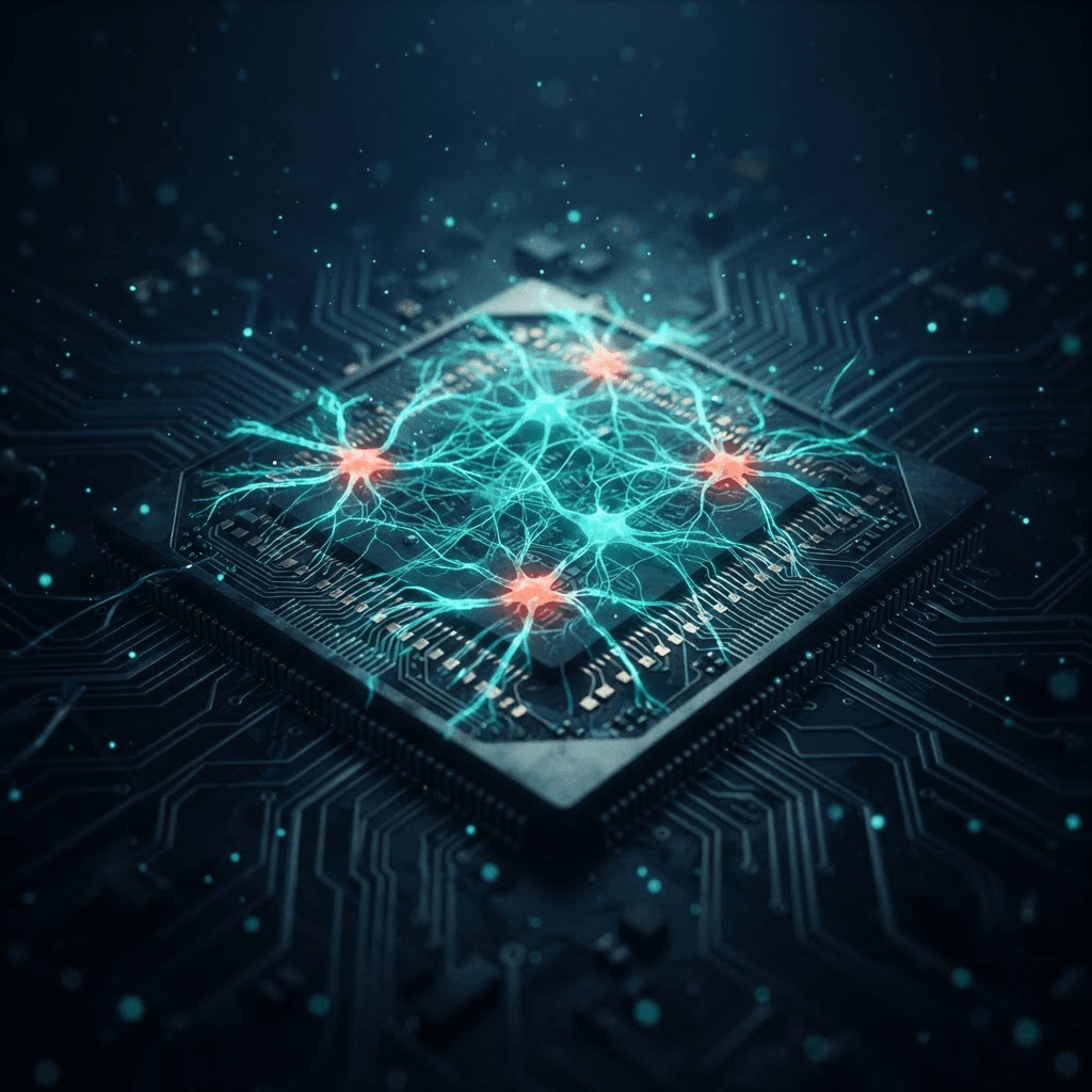 A dense lattice of engineered neural connections lit across a silicon die