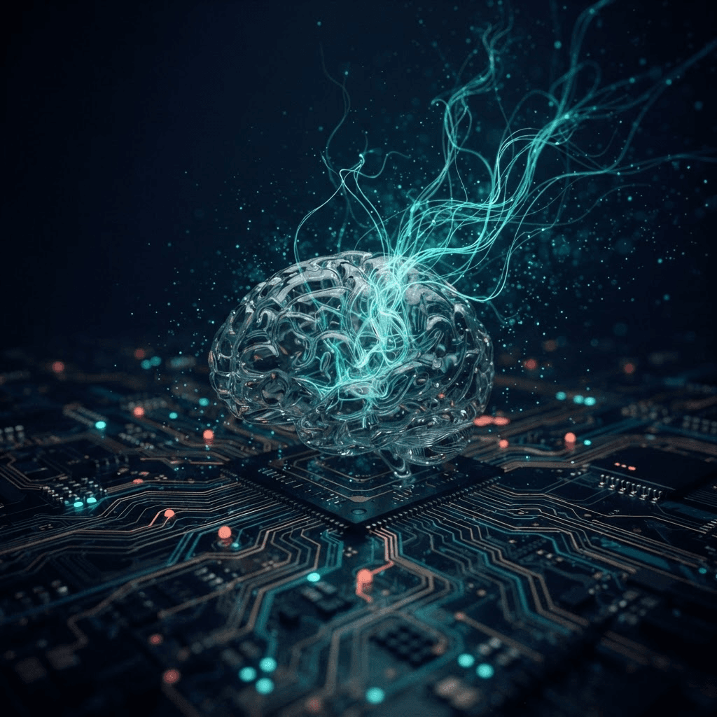 A glassy human brain wired into a silicon processor by fine neural interconnects