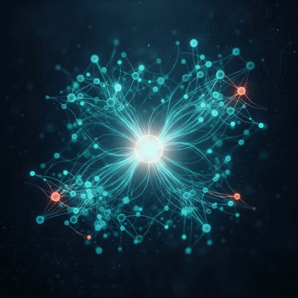 A constellation of connected nodes converging on a single bright centre